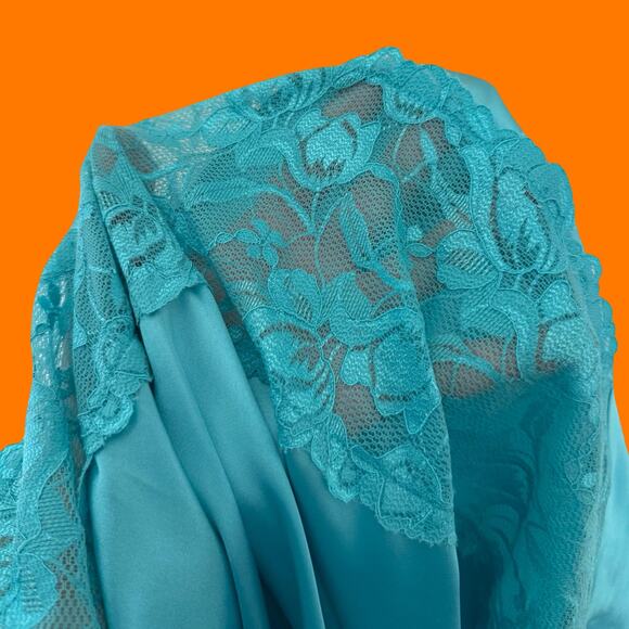 90's 00's vintage blue satin 100% polyester sheer floral lace y2K slip dress M - Picture 7 of 8